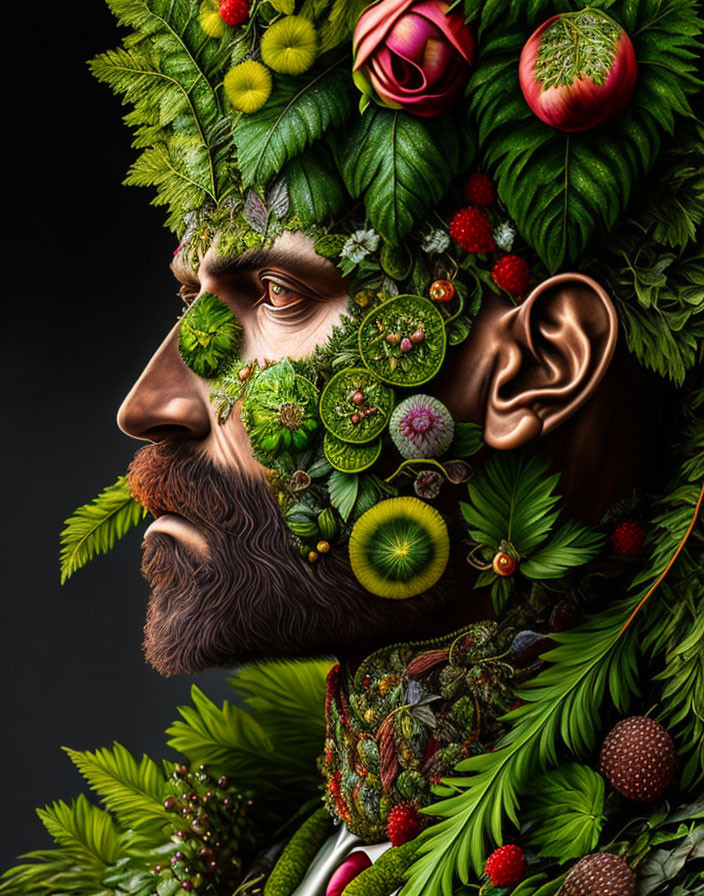 Man's Profile Portrait with Vibrant Flora and Fruits on Beard Against Dark Background