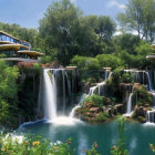 Tranquil waterfalls and fantasy houses in lush greenery