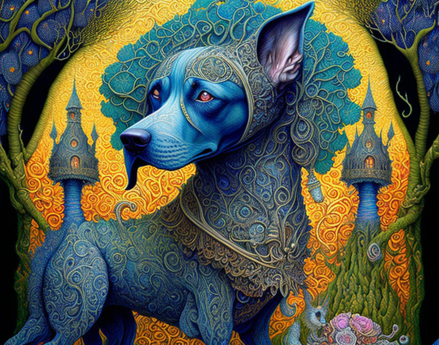 Colorful Illustration of Blue Dog with Intricate Patterns on Body Against Castle and Floral Backdrop