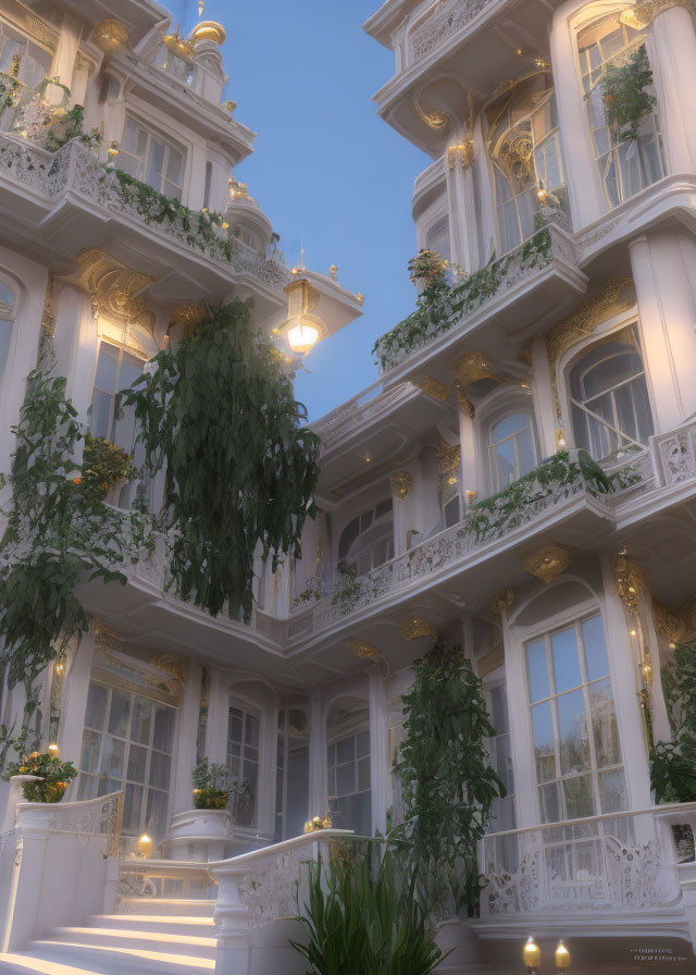 Ornate white building with balconies, green plants, and soft twilight lighting