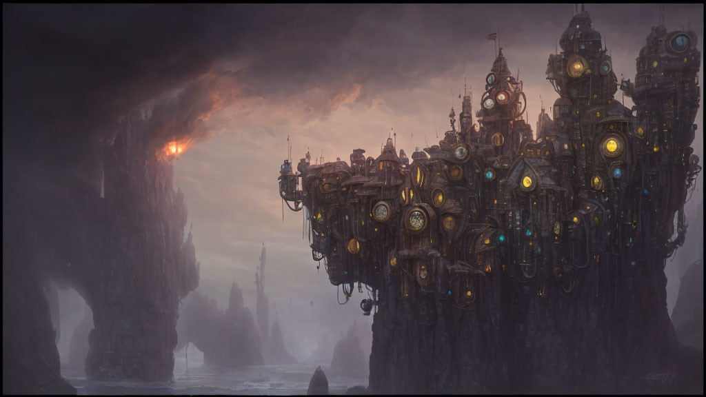 Steampunk city floating in misty landscape