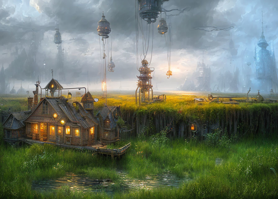 Cozy cottage in lush field with floating structures under cloudy sky