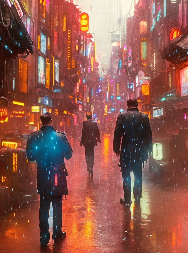 Urban night scene with three people walking in rain-soaked street