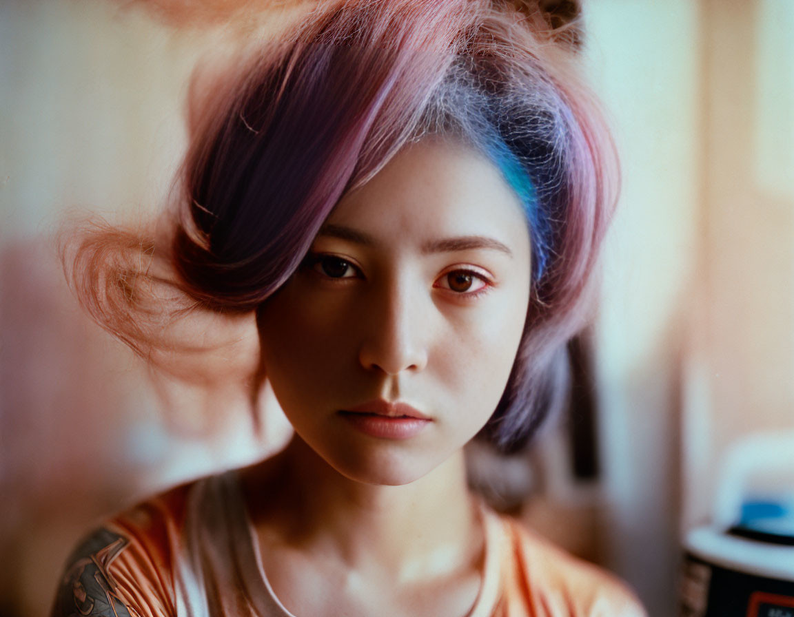 Serious young woman with purple and blue dyed hair in mid-motion