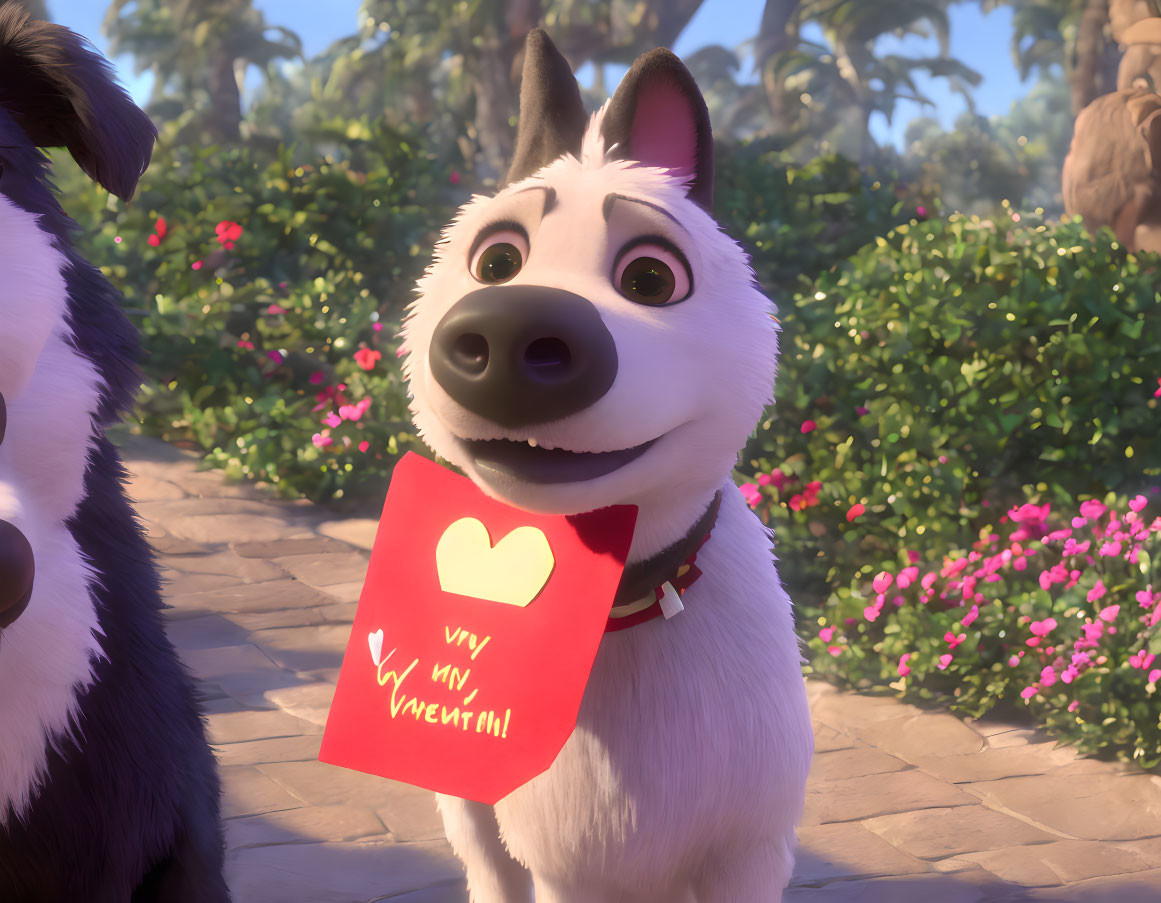 Animated white dog with red collar holding valentine card in sunny garden