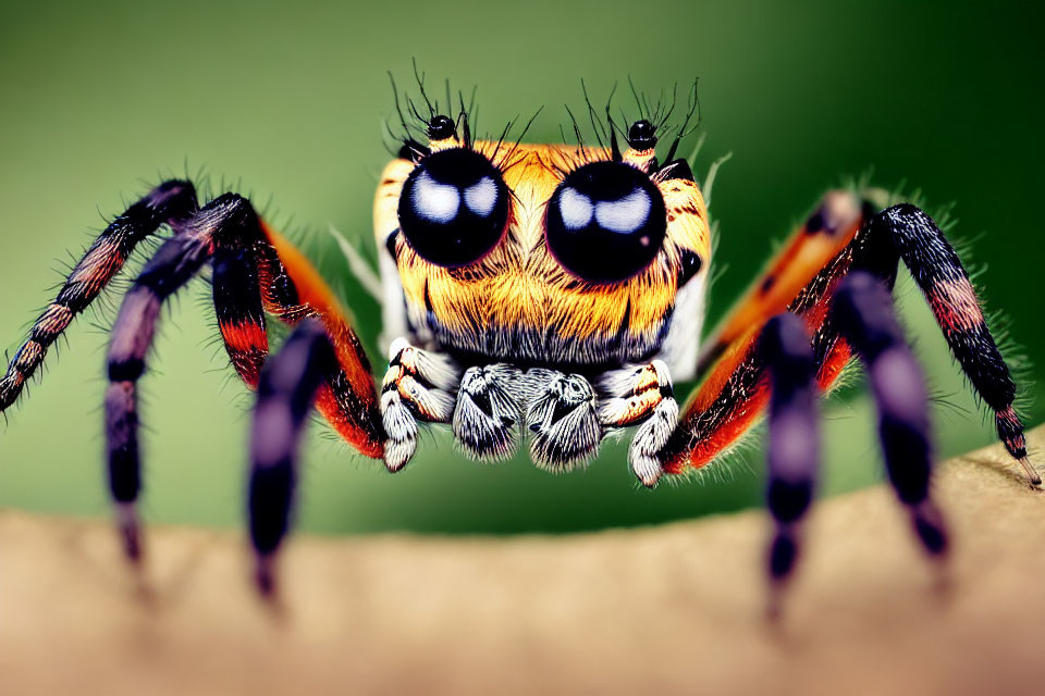 Colorful Jumping Spider with Prominent Eyes on Green Background