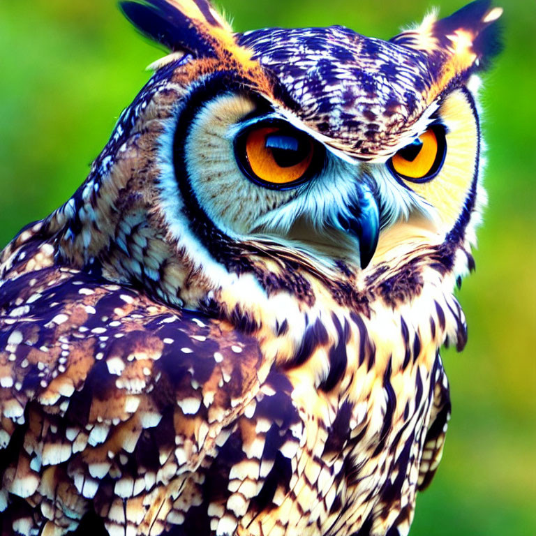 Vibrant owl with orange eyes and detailed feathers on green background