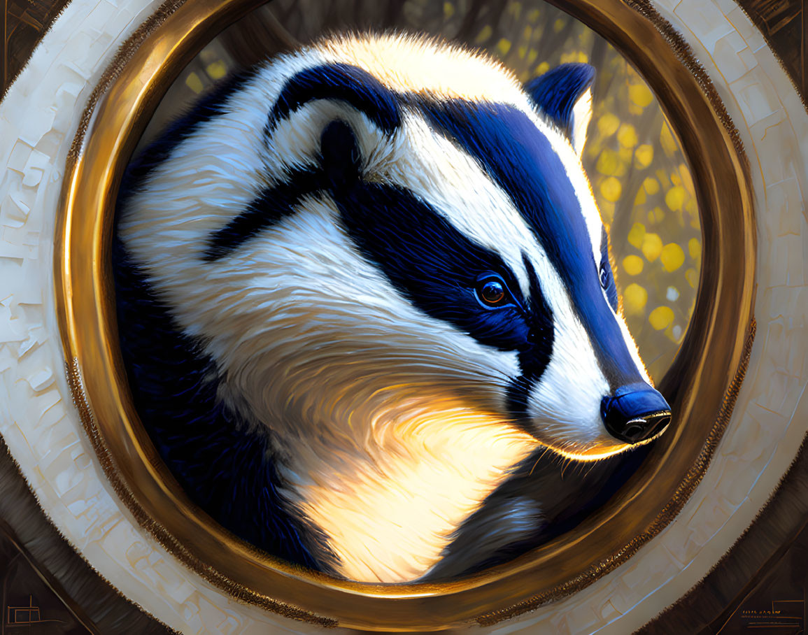 Detailed Badger Head Illustration with Ornate Golden Frame & Autumnal Background