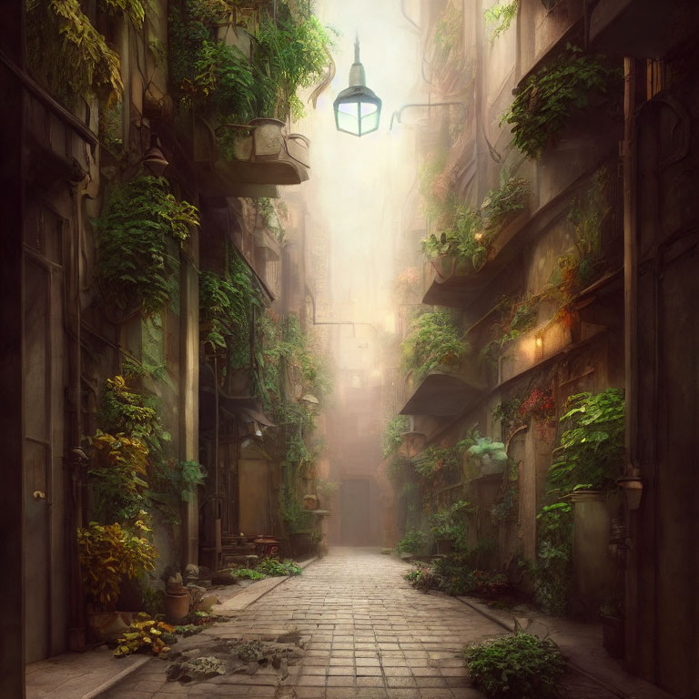 Misty narrow alley with old buildings and vintage street lamp