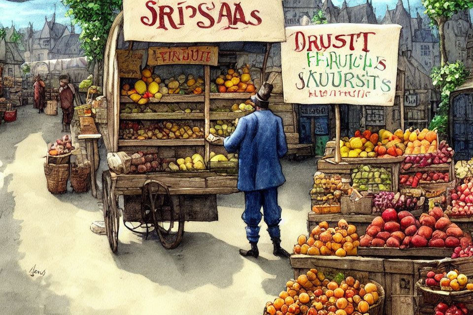 Person in Blue Coat at Vibrant Outdoor Fruit Market with SRIPŠAAS Sign