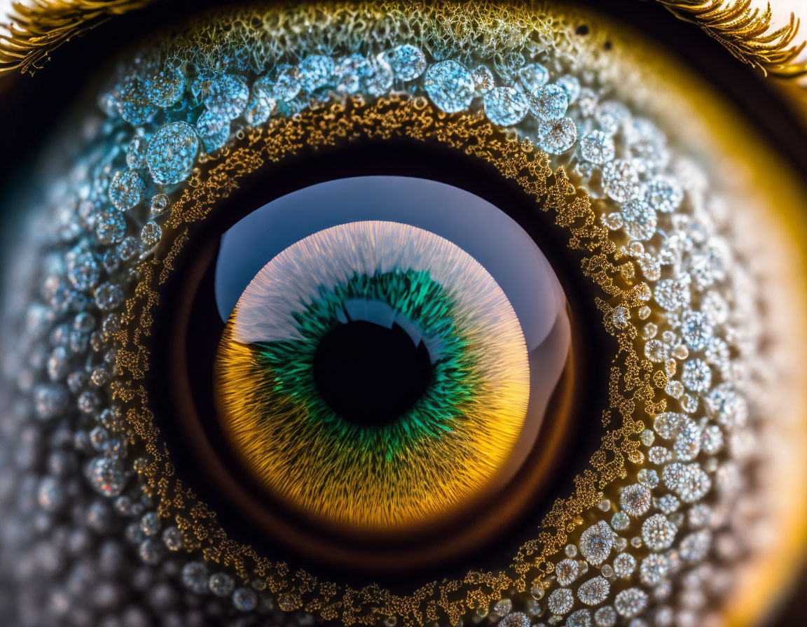 Detailed Close-up of Green Iris with Dilated Pupil and Frosty Patterns