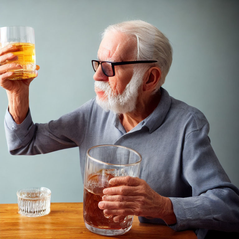 Elderly Man with White Beard and Glasses Holding Glass of Whiskey