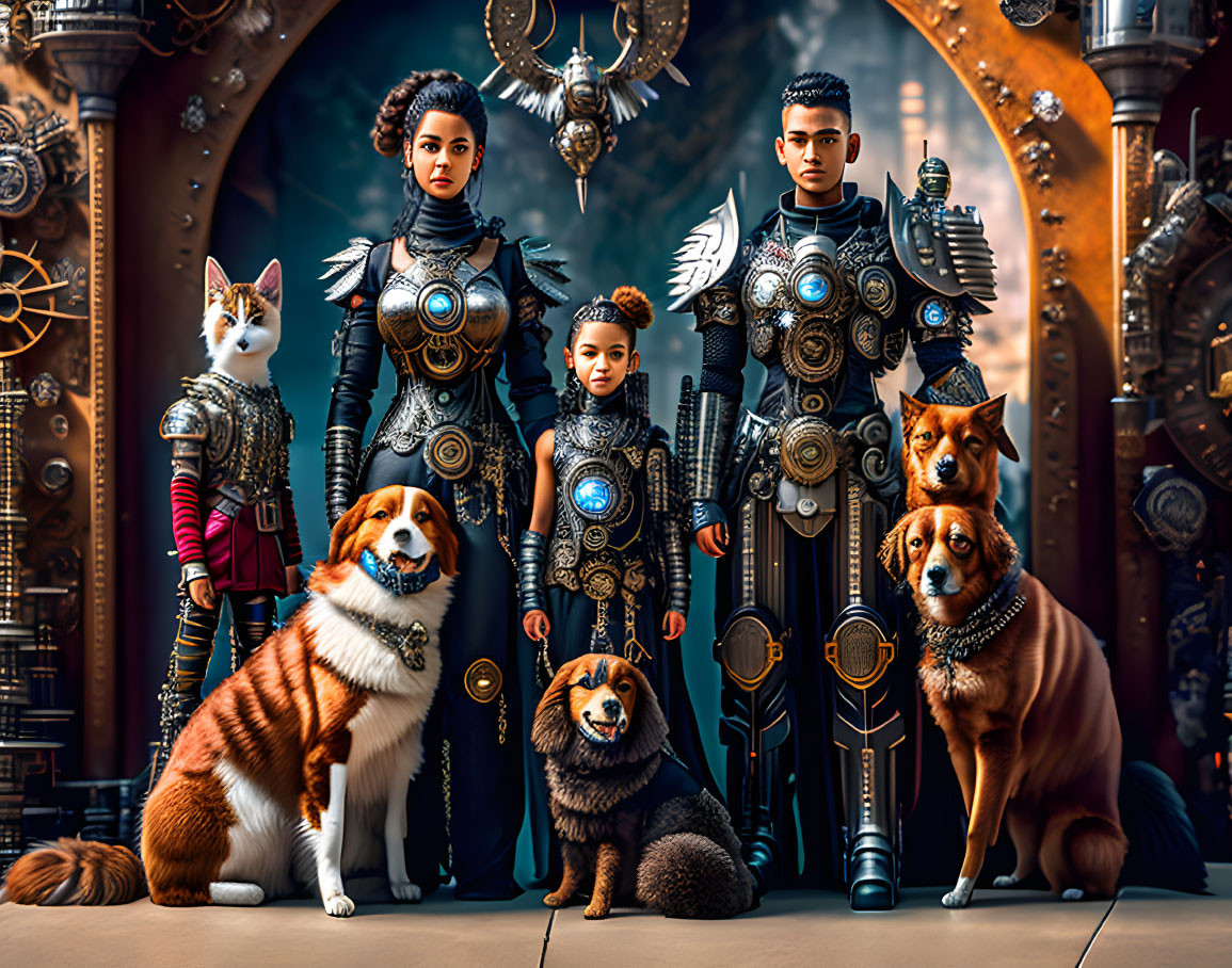 Family in ornate armor with three dogs in steampunk setting.