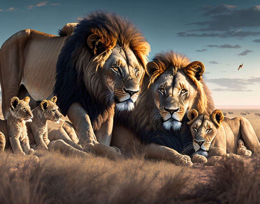 Pride of lions with two adult males and three cubs resting on savanna at golden hour