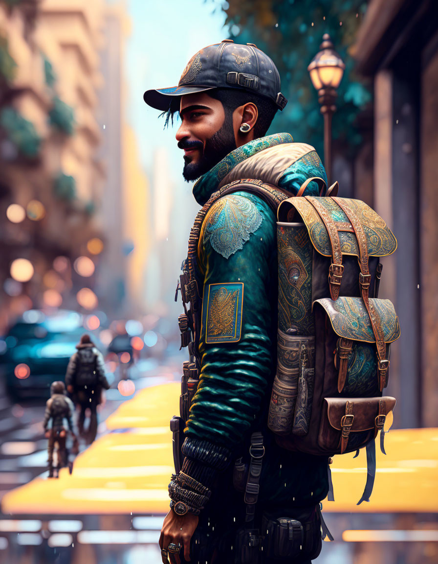 Bearded man in teal jacket and cap on city street