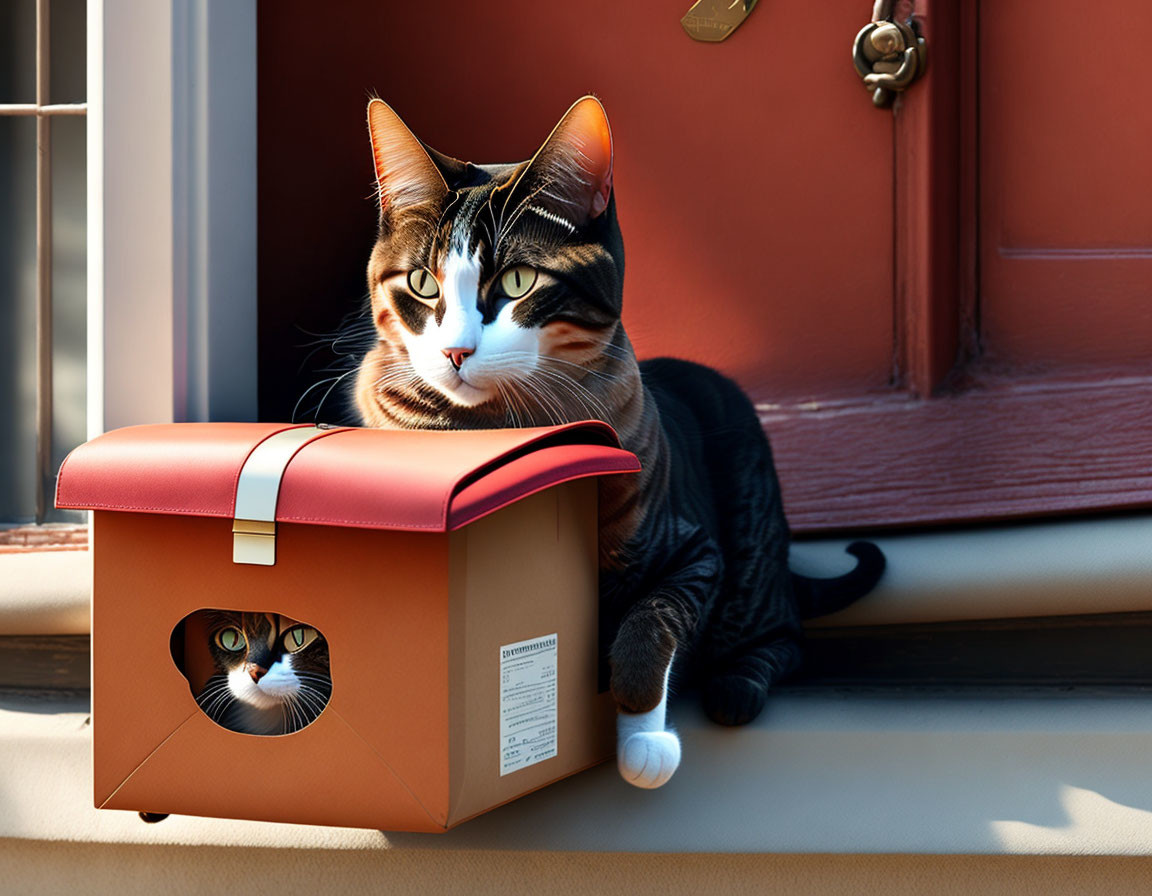 Tabby Cat Lounging on Cardboard Pet House with Another Cat in Sunlight