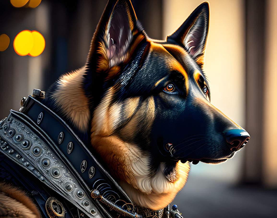 German Shepherd portrait in studded harness with warm bokeh light