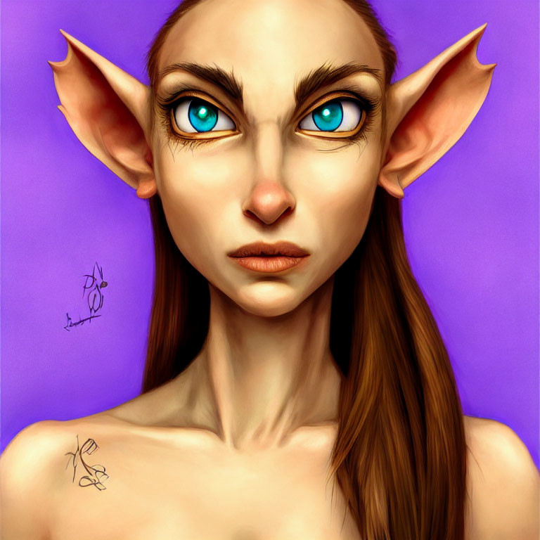 Digital illustration of character with pointed ears, blue eyes, and purple background