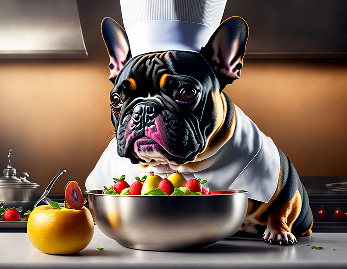 French Bulldog Chef in Kitchen with Strawberries, Orange, and Tomatoes