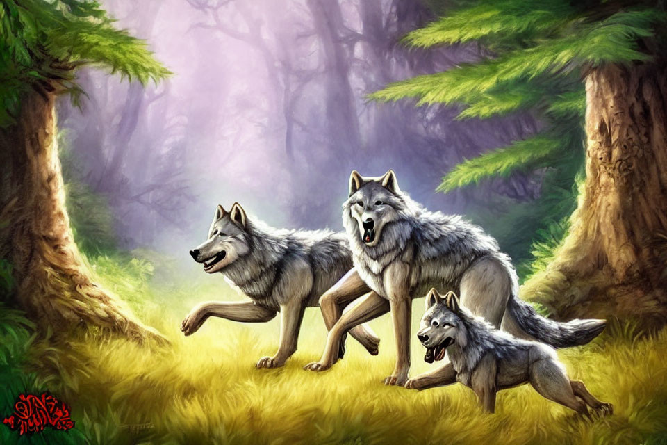 Forest clearing scene with three wolves - two adults and one pup, surrounded by greenery and soft light