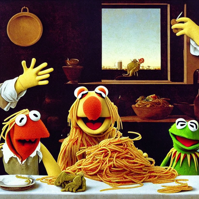 Whimsical parody: Muppet characters, spaghetti heap, camel at window