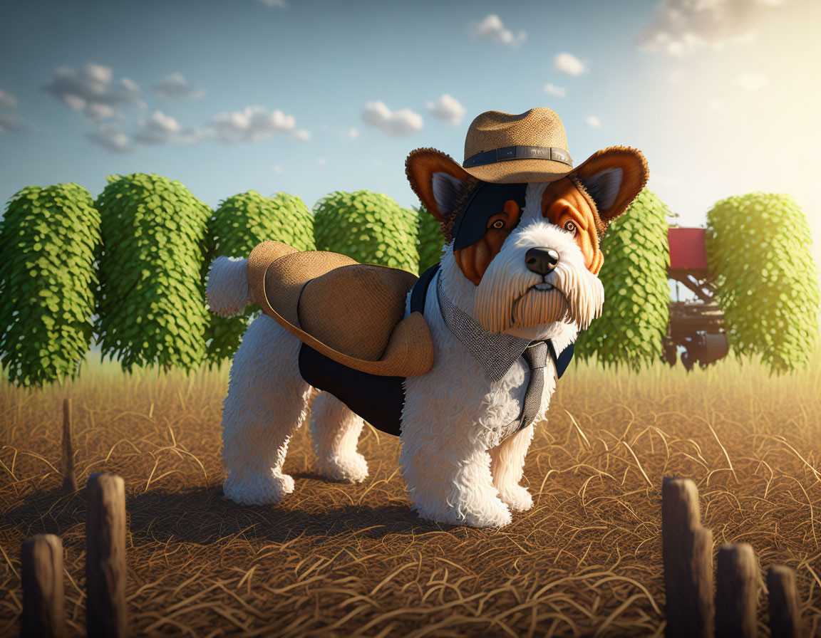 3D-animated dog with hat and saddlebags in sunny field with crops and tractor