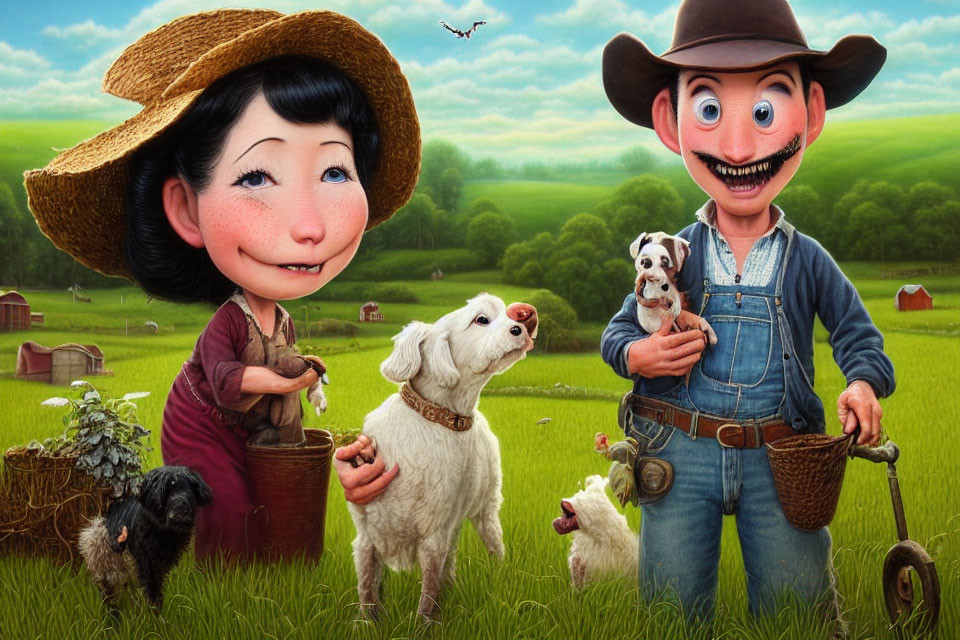 Illustration of joyful farmer couple with dogs in verdant farm landscape