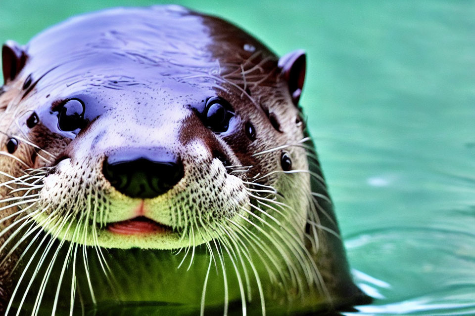 Close-Up of Wet Otter Face with Prominent Whiskers in Green Water