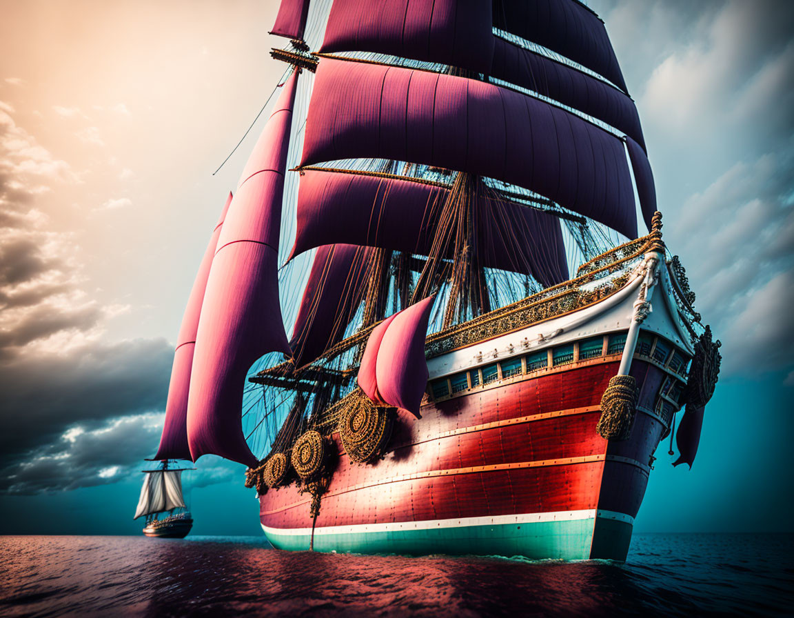 Majestic sailing ship with red and white hull and purple sails on tranquil ocean waters