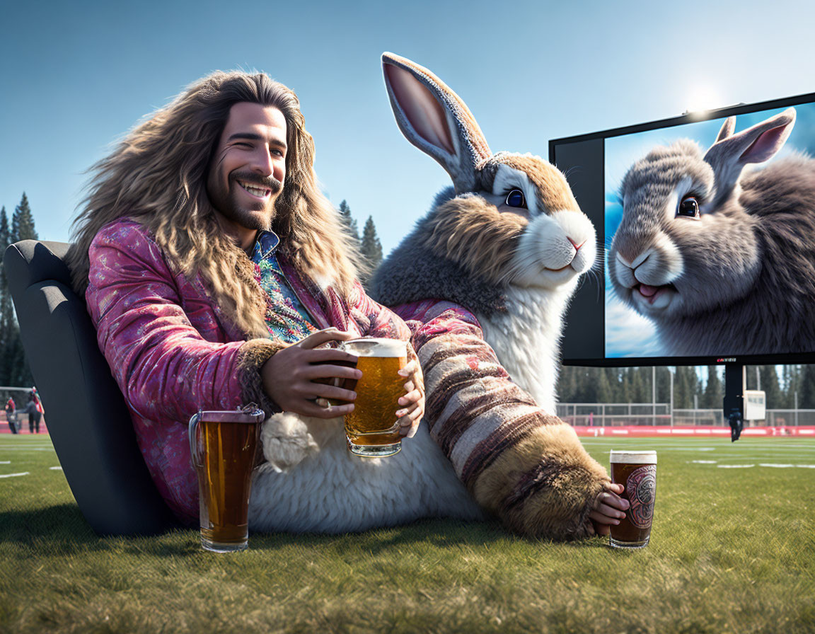 Man with big smile sitting next to giant rabbit holding beer, football game on screen in background