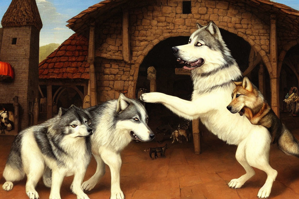 Anthropomorphic dog scene with standing teacher dog and two sitting students in medieval village.