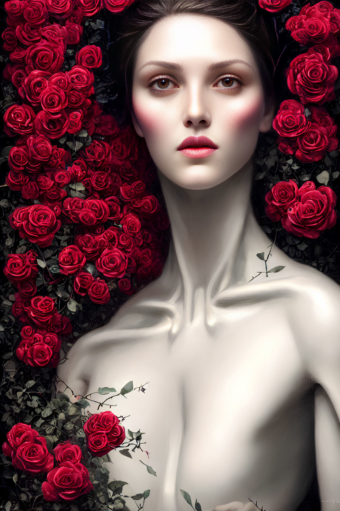 Pale-skinned woman with dark hair among red roses on dark background