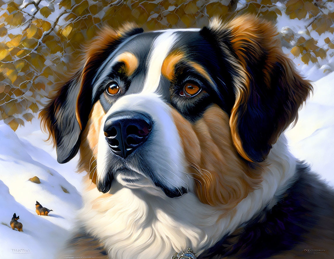 Bernese Mountain Dog in snowy autumn scene