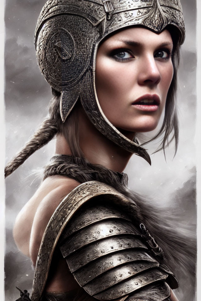 Detailed Metal Helmet and Armor on Woman with Contemplative Expression