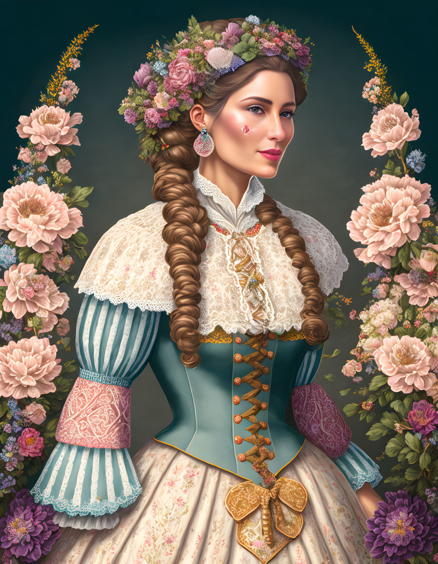 Detailed digital illustration of woman in traditional folk costume with floral headpiece and lace collar, surrounded by flowers