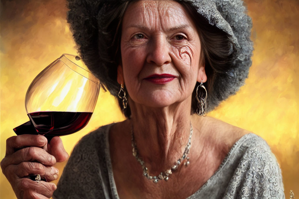 Elderly woman with red wine glass and elegant attire on golden background