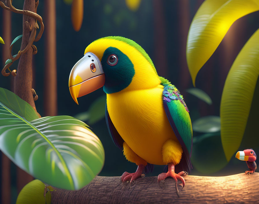 Vibrant cartoon-style toucan perched on branch with smaller bird