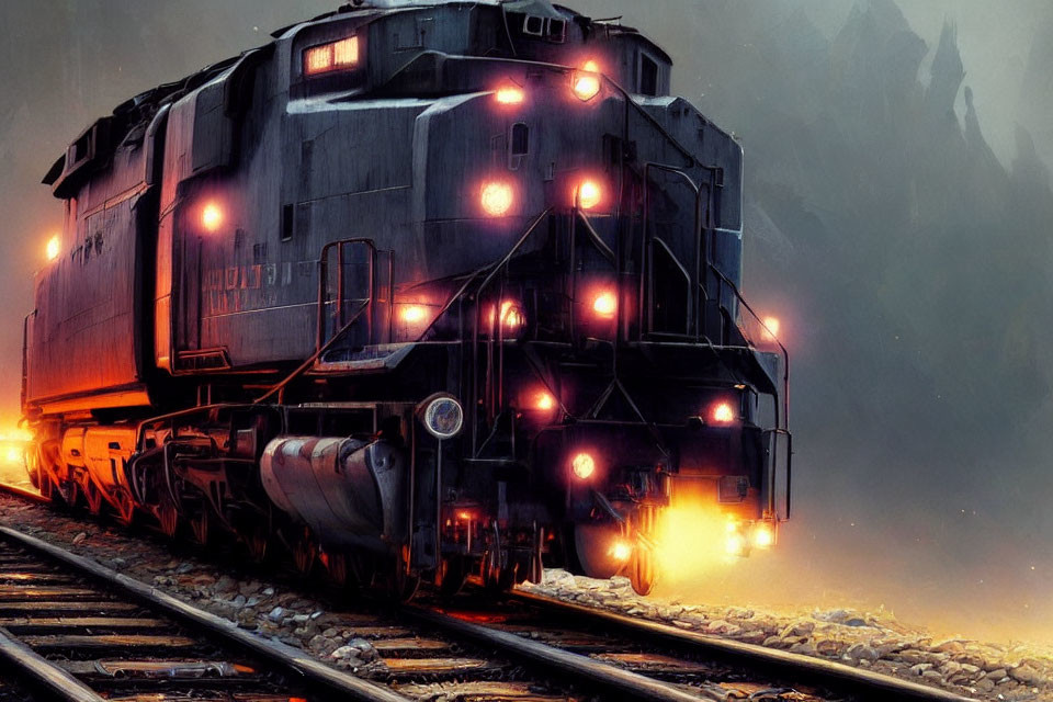 Nighttime digital painting of locomotive with glowing lights on tracks