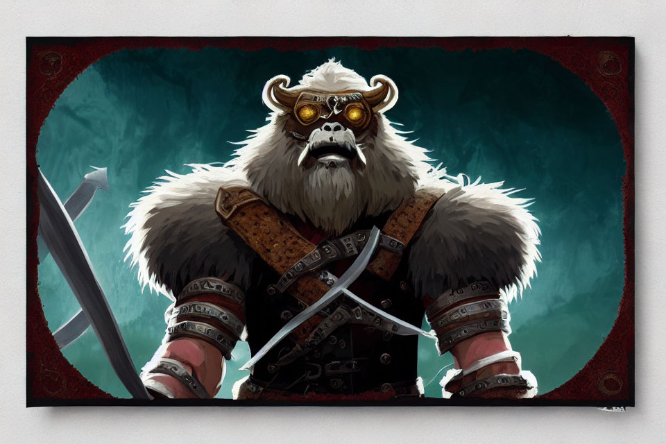 Fantasy character with buffalo head in helmet, fur and leather armor, holding sword