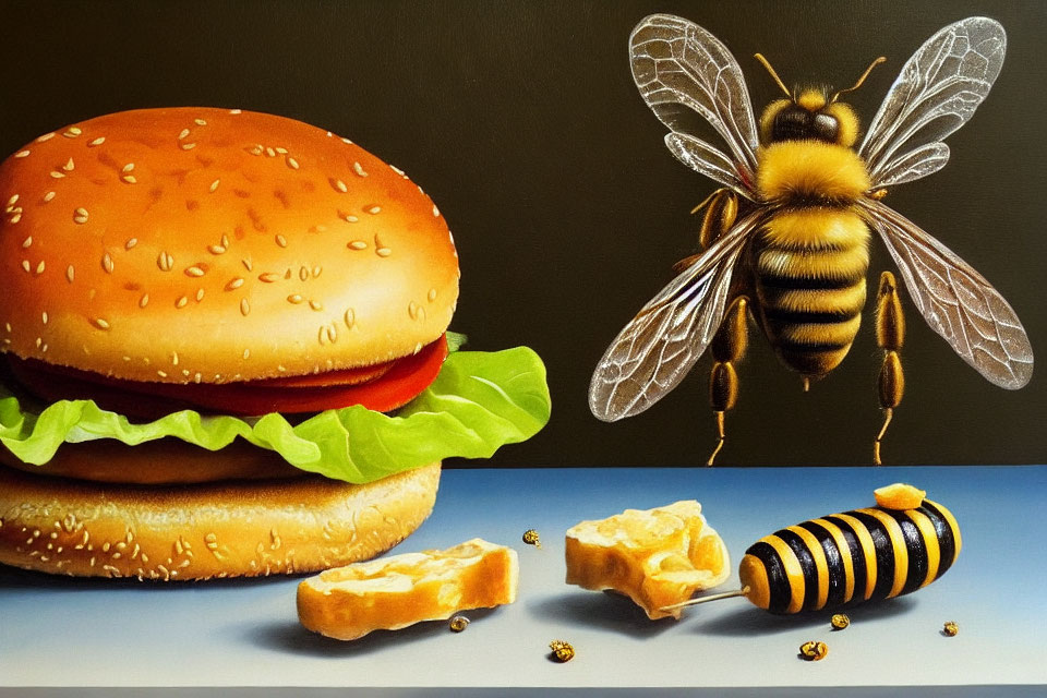 Hyperrealistic Painting: Cheeseburger & Giant Bee with Honeycomb & Mini Bees