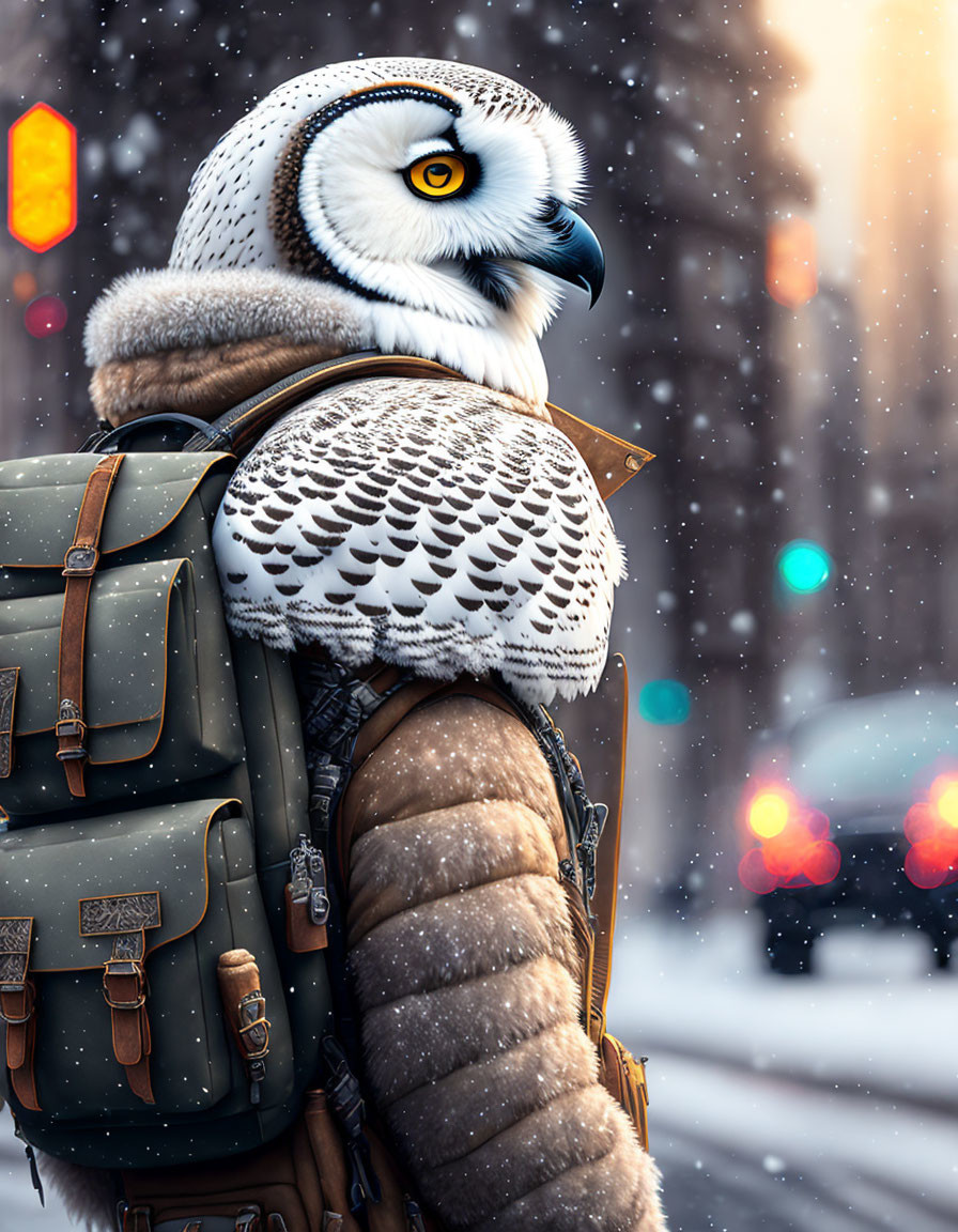 Anthropomorphic owl in winter attire against snowy cityscape