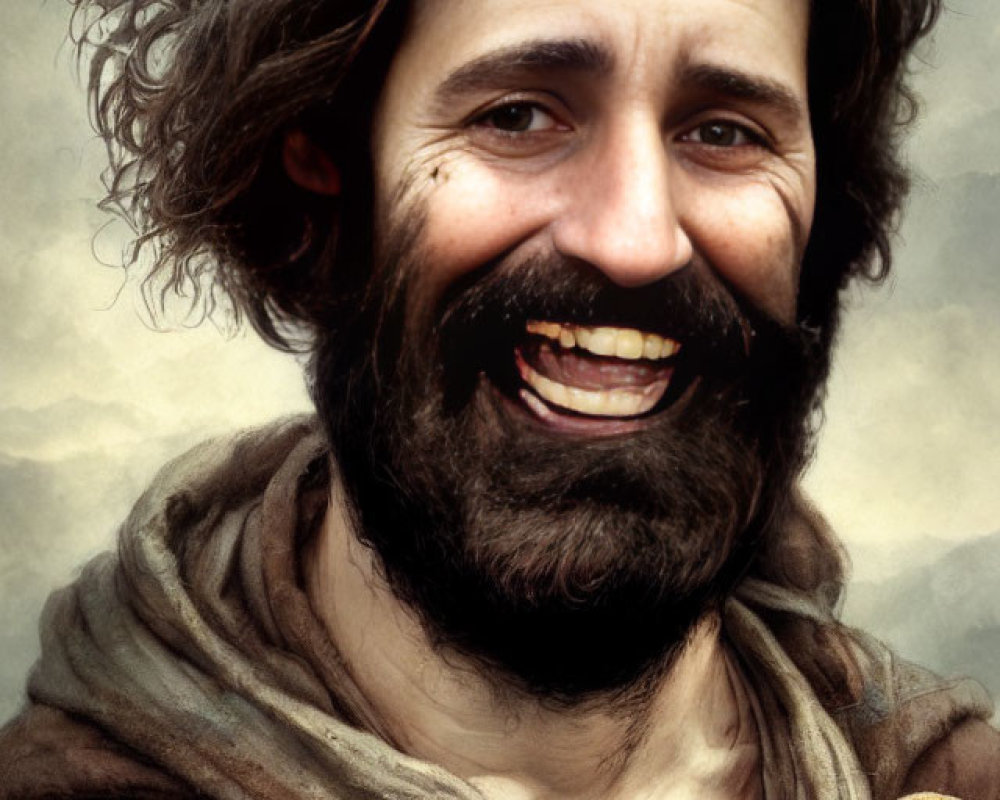 Bearded man in rustic attire holding bread against cloudy backdrop