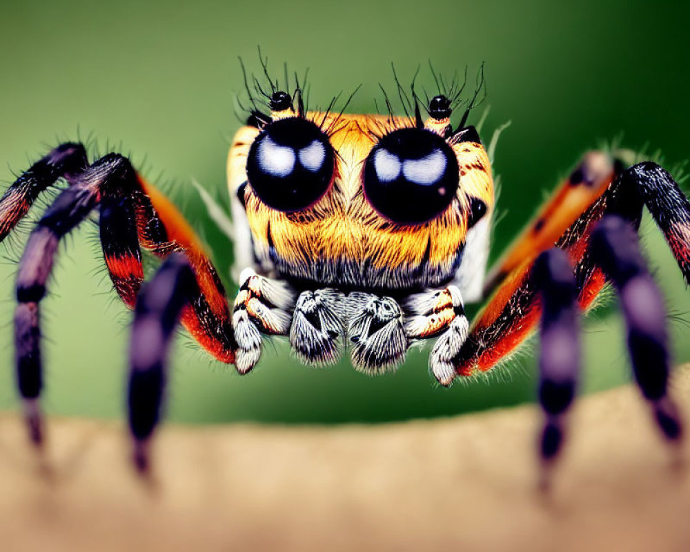 Colorful Jumping Spider with Prominent Eyes on Green Background