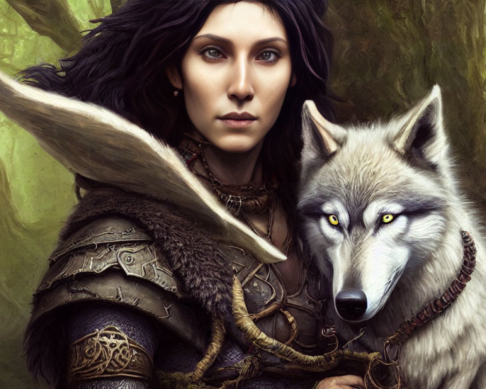 Fantasy illustration of dark-haired woman and blue-eyed grey wolf in forest