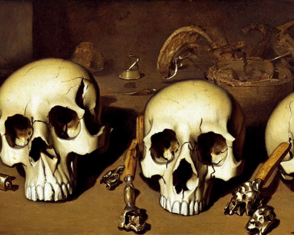 Vanitas Still Life Painting with Human Skulls and Objects