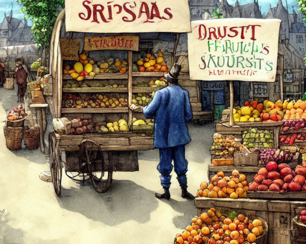 Person in Blue Coat at Vibrant Outdoor Fruit Market with SRIPŠAAS Sign