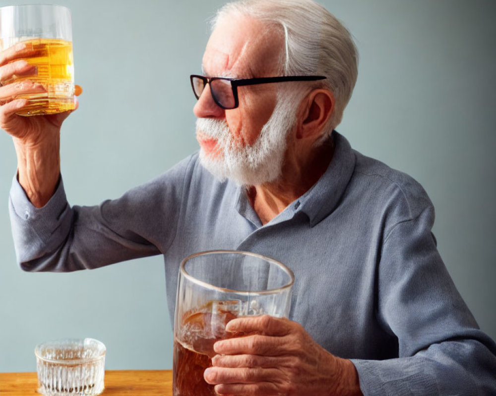 Elderly Man with White Beard and Glasses Holding Glass of Whiskey