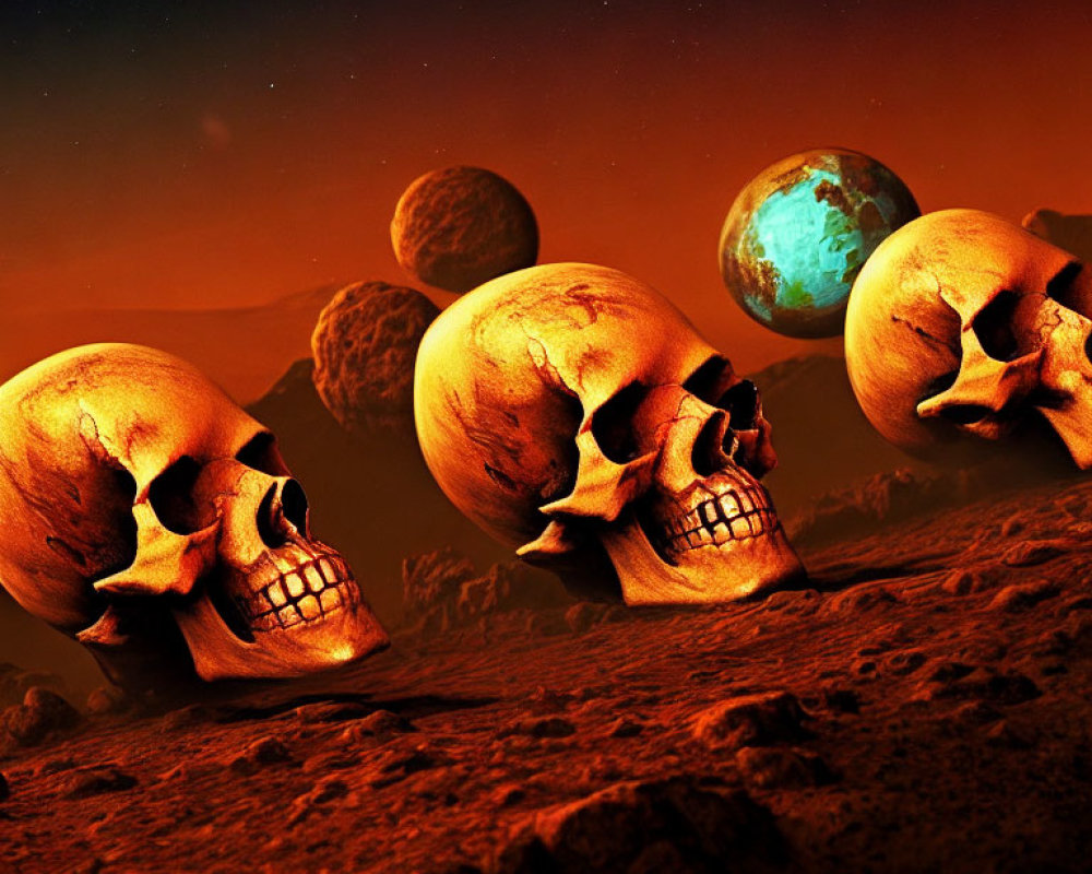 Barren alien landscape with three human skulls and red sky.