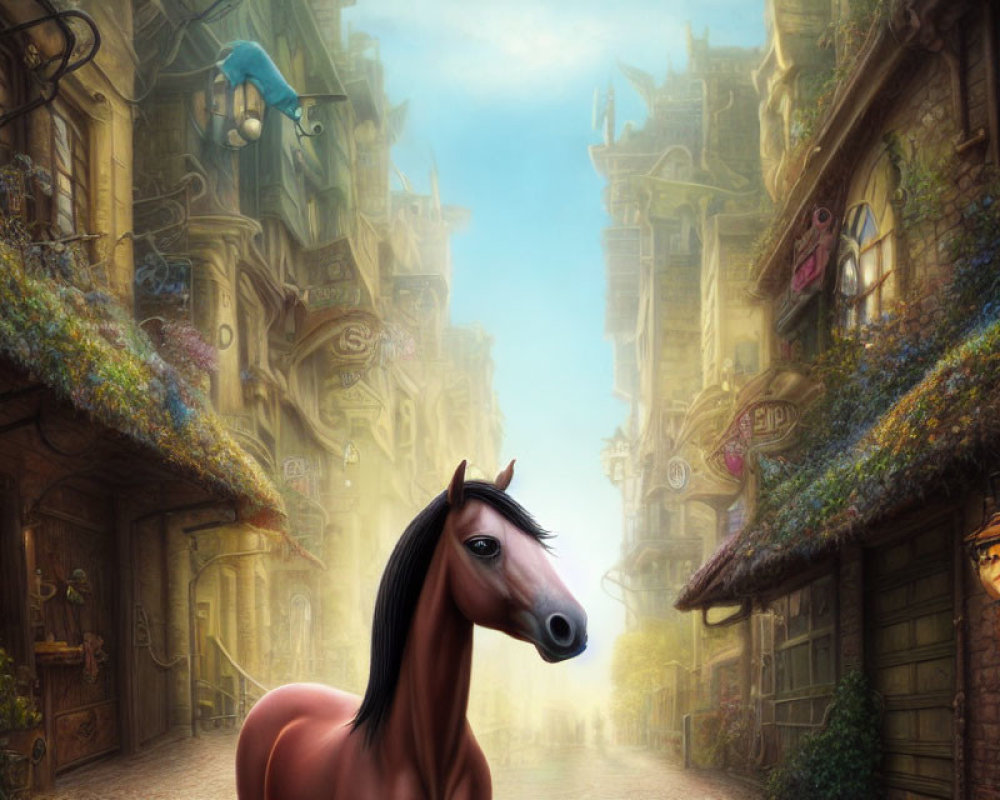 Whimsical horse illustration with fantastical cityscape & floating creature