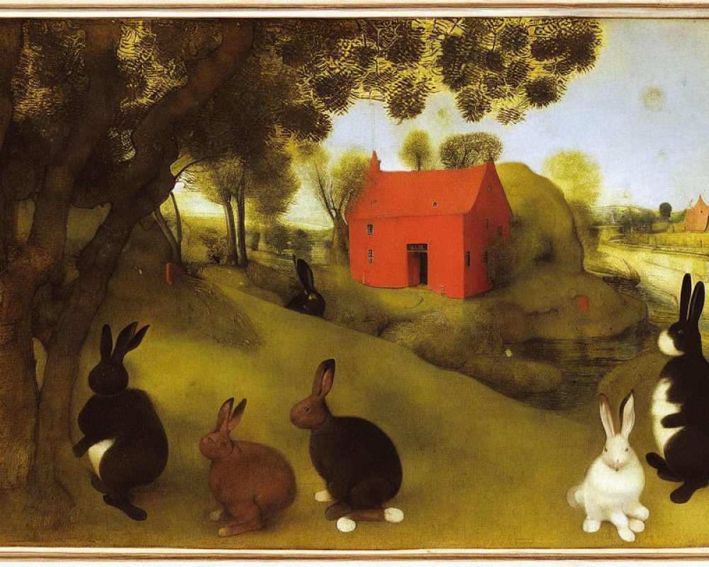 Whimsical painting of oversized rabbits in rural landscape